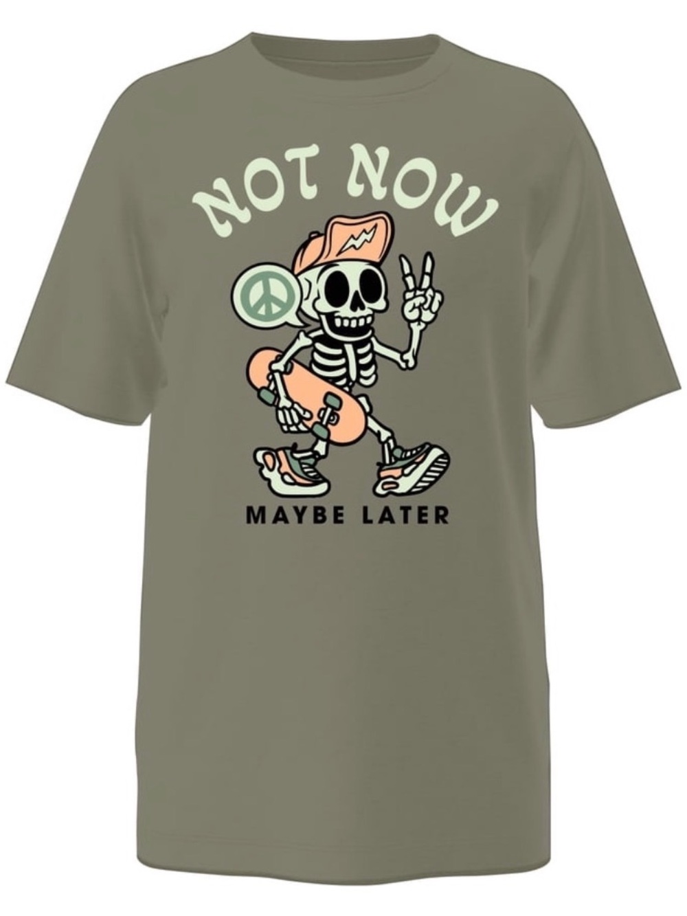 Boys' Olive Green Graphic Tee with Skull Peace Design